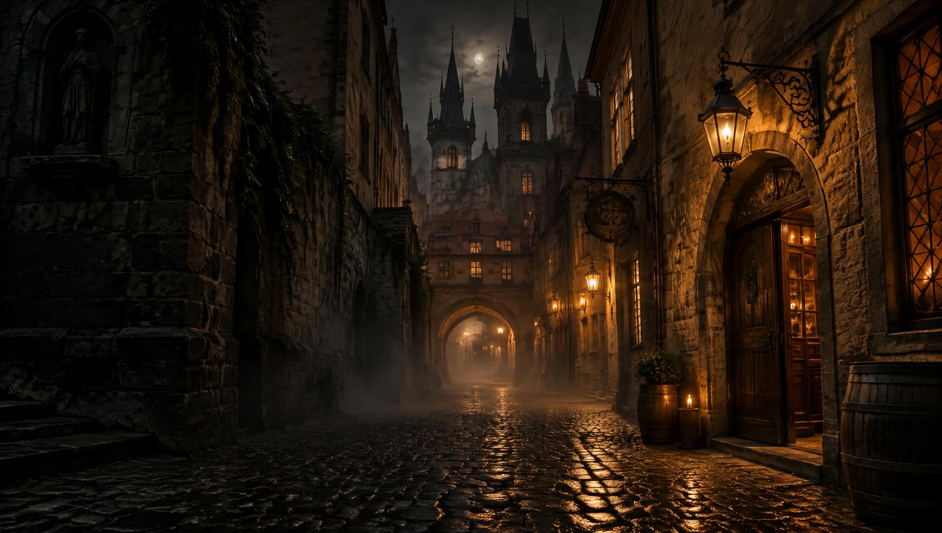 A lantern-lit cobbled street winding between historic pubs and Gothic towers